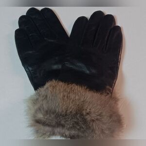 WOMEN'S TAN FUR CUFF LEATHER,  GLOVES , BLACK,SIZE Medium